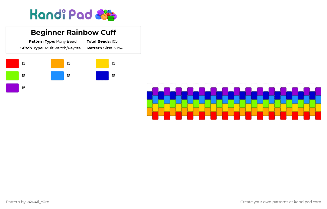 Beginner Rainbow Cuff - Pony Bead Pattern by k4w4il_c0rn on Kandi Pad - purple