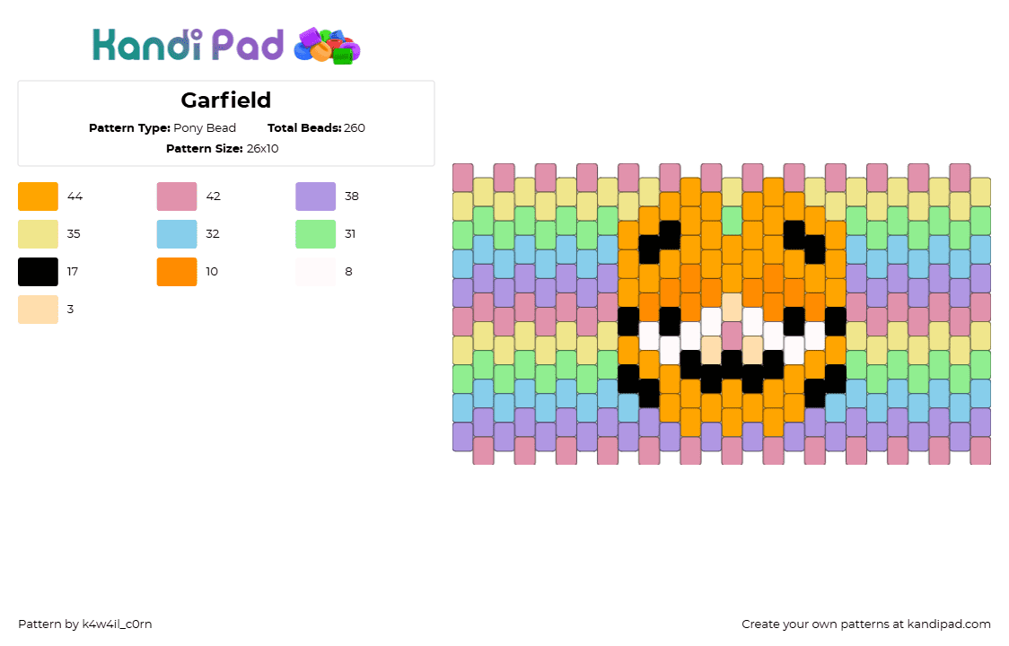 Garfield - Pony Bead Pattern by k4w4il_c0rn on Kandi Pad - garfield,comic,pastel,stripes,cuff,cat,character,head,orange,pink,green