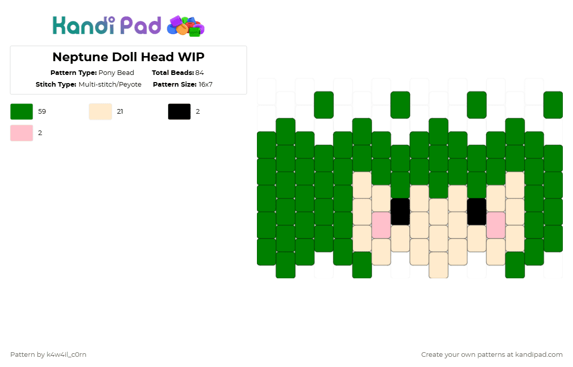 Neptune Doll Head WIP - Pony Bead Pattern by k4w4il_c0rn on Kandi Pad - green