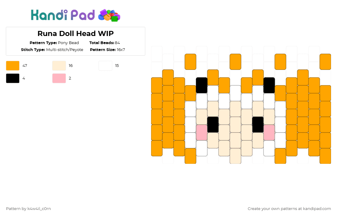 Runa Doll Head WIP - Pony Bead Pattern by k4w4il_c0rn on Kandi Pad - orange