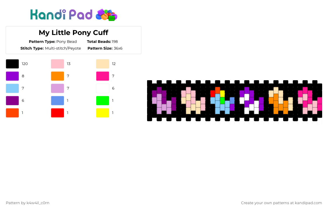 My Little Pony Cuff - Pony Bead Pattern by k4w4il_c0rn on Kandi Pad - black,beige,light blue,colorful