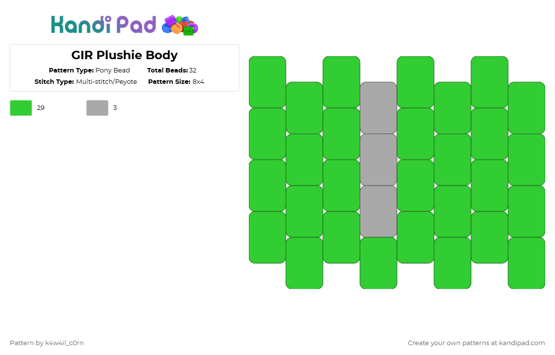 GIR Plushie Body - Pony Bead Pattern by k4w4il_c0rn on Kandi Pad - green