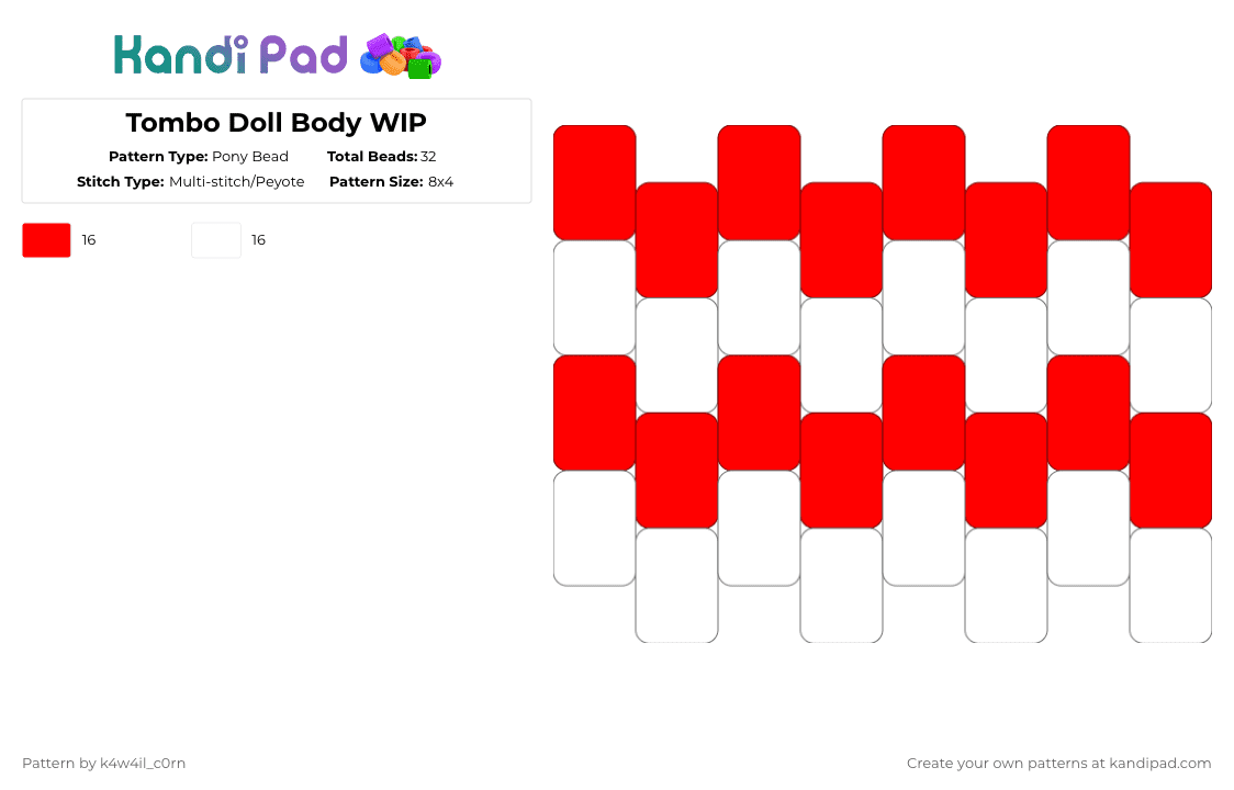 Tombo Doll Body WIP - Pony Bead Pattern by k4w4il_c0rn on Kandi Pad - red,white