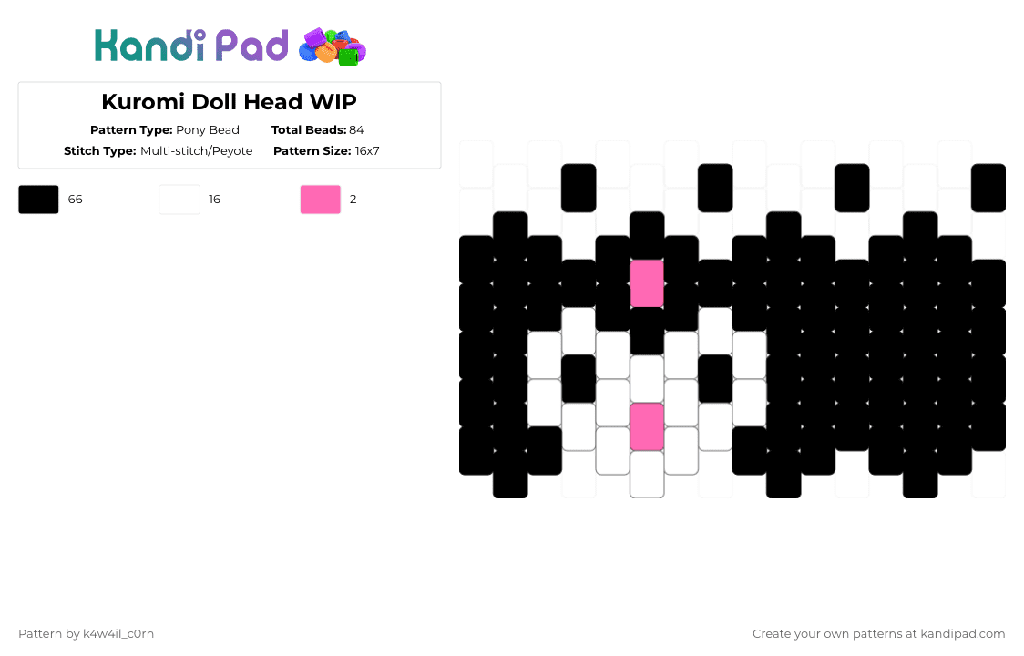 Kuromi Doll Head WIP - Pony Bead Pattern by k4w4il_c0rn on Kandi Pad - black,white