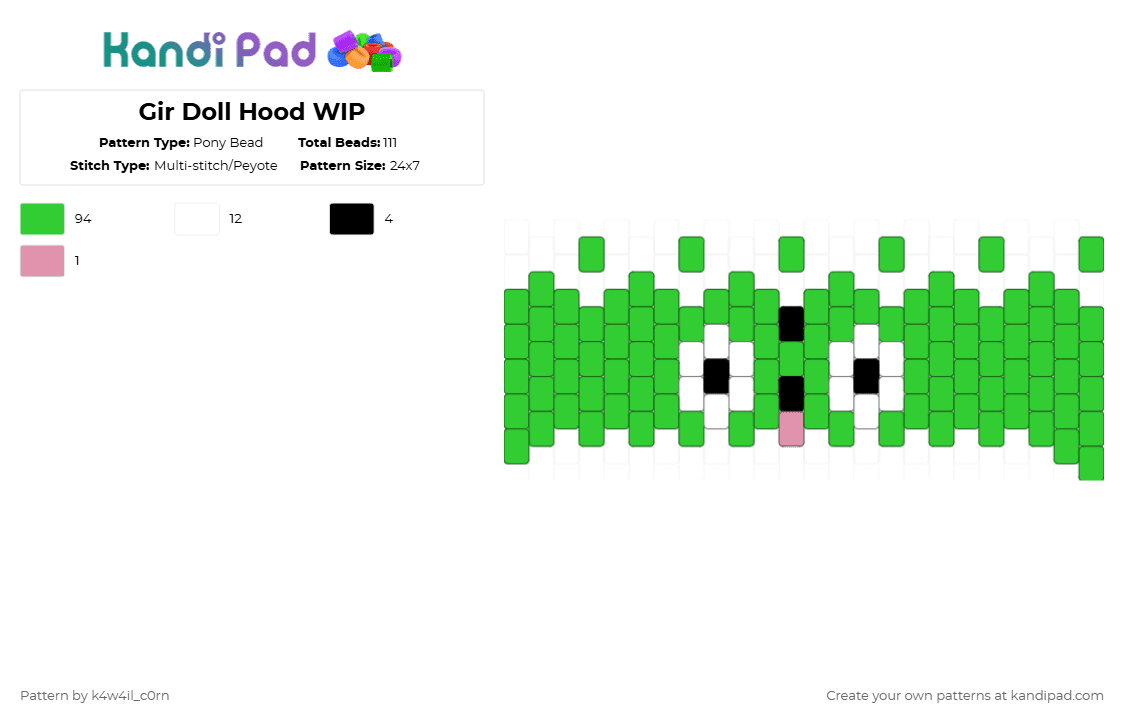 Gir Doll Hood WIP - Pony Bead Pattern by k4w4il_c0rn on Kandi Pad - green