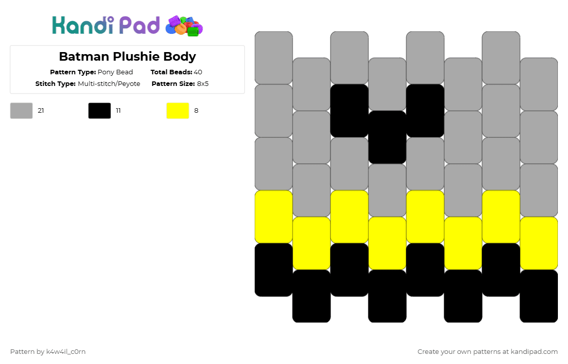 Batman Plushie Body - Pony Bead Pattern by k4w4il_c0rn on Kandi Pad - yellow,beige