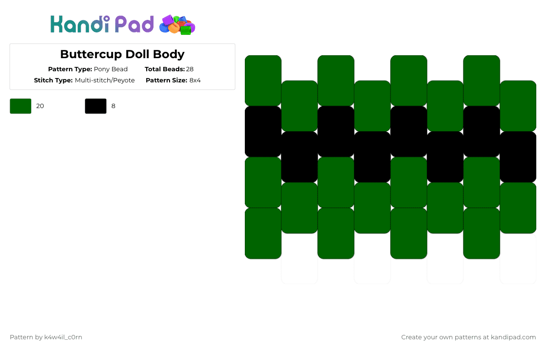 Buttercup Doll Body - Pony Bead Pattern by k4w4il_c0rn on Kandi Pad - green,black