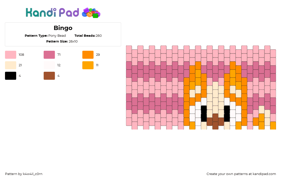 Bingo - Pony Bead Pattern by k4w4il_c0rn on Kandi Pad - bingo,bluey,dog,character,cartoon,tv show,cuff,children,pink,orange