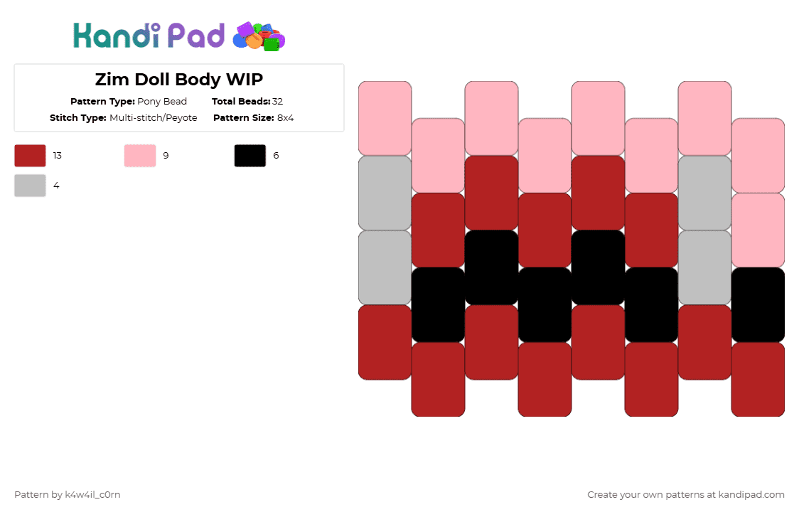 Zim Doll Body WIP - Pony Bead Pattern by k4w4il_c0rn on Kandi Pad - red,pink