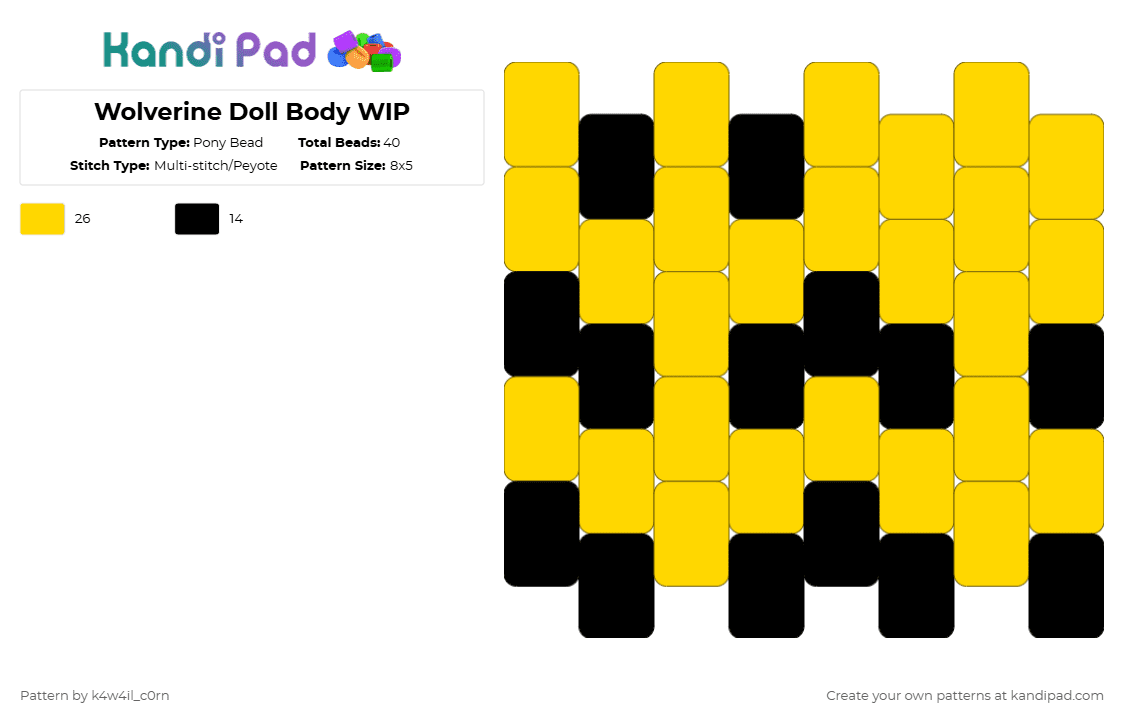 Wolverine Doll Body WIP - Pony Bead Pattern by k4w4il_c0rn on Kandi Pad - yellow,black