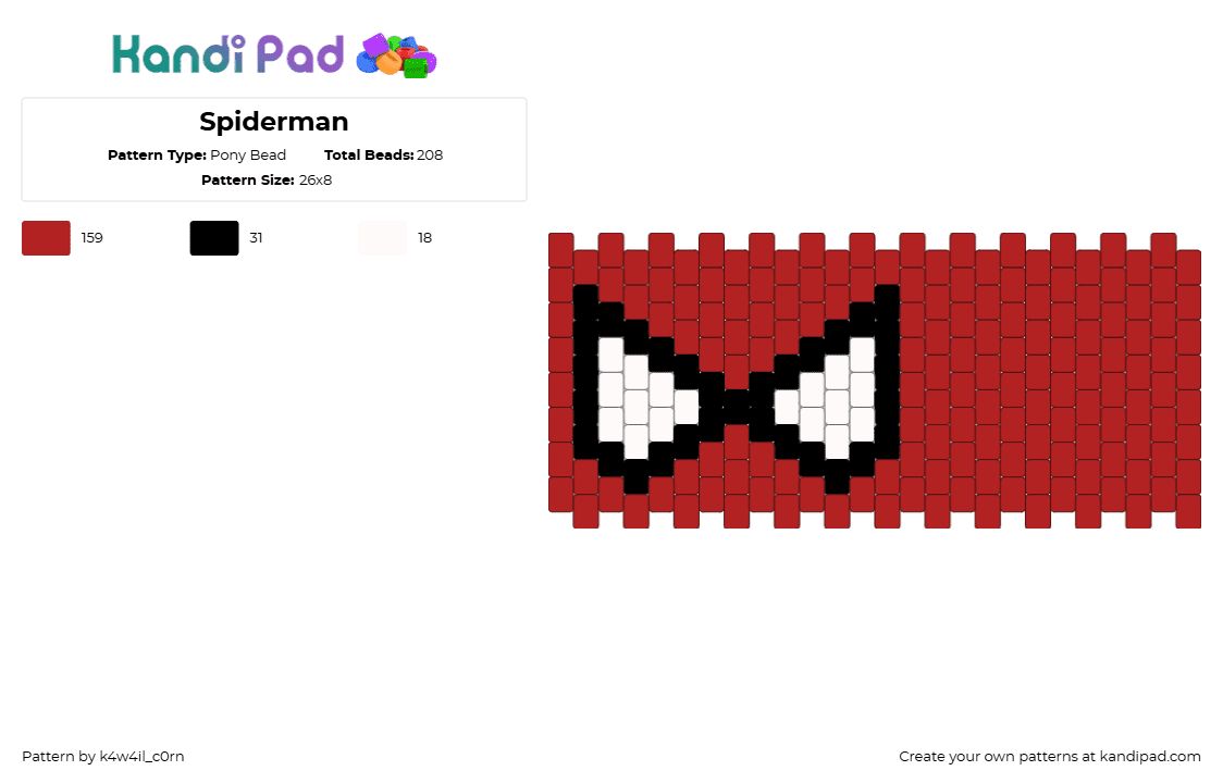 Spiderman - Pony Bead Pattern by k4w4il_c0rn on Kandi Pad - spiderman,marvel,superhero,eyes,cuff,comic,red,white