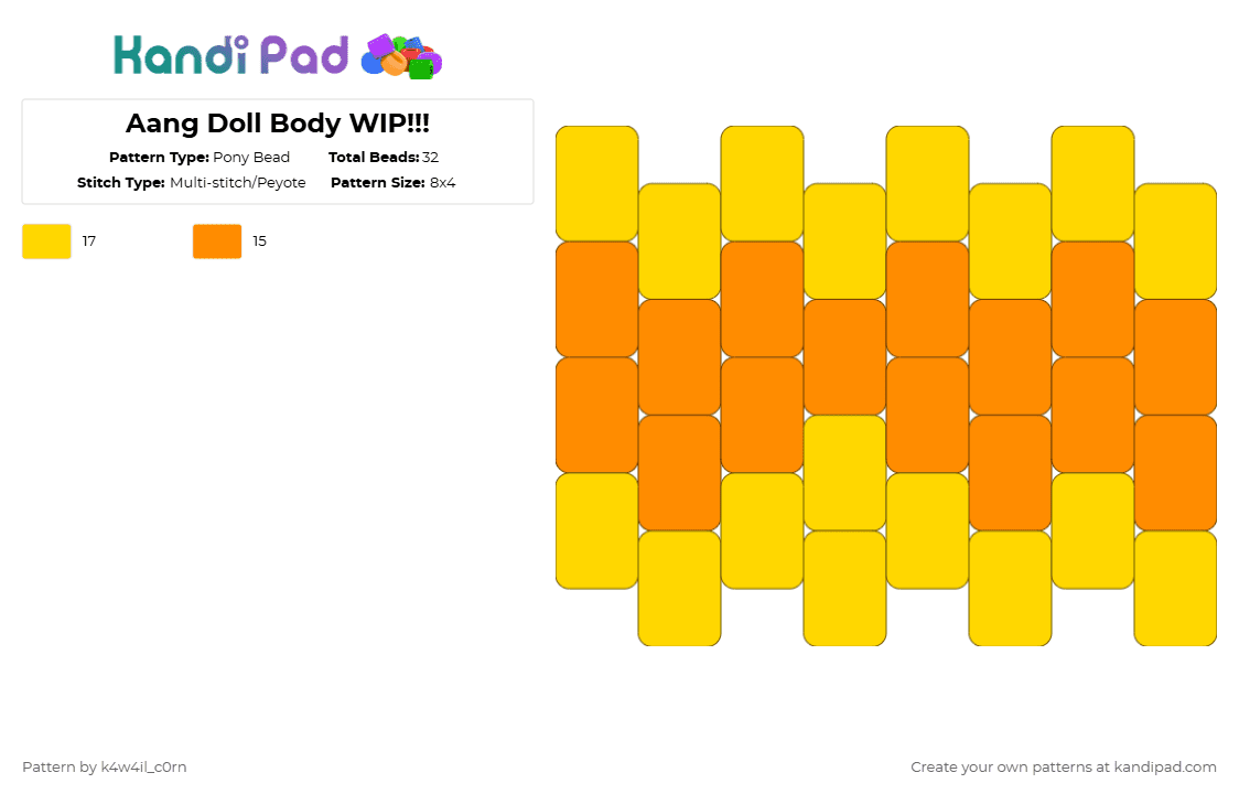 Aang Doll Body WIP!!! - Pony Bead Pattern by k4w4il_c0rn on Kandi Pad - yellow,orange