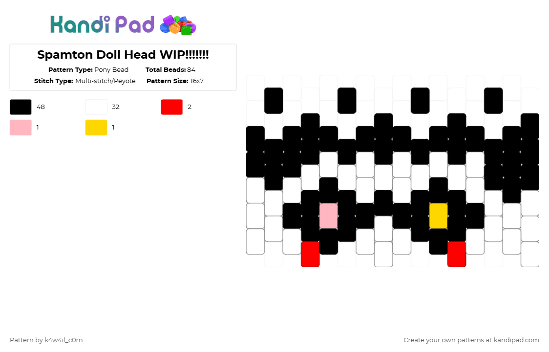 Spamton Doll Head WIP!!!!!!! - Pony Bead Pattern by k4w4il_c0rn on Kandi Pad - black,white,red