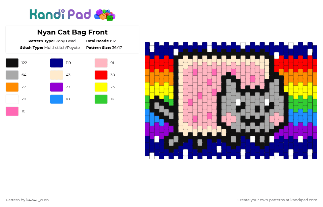 Nyan Cat Bag Front - Pony Bead Pattern by k4w4il_c0rn on Kandi Pad - 