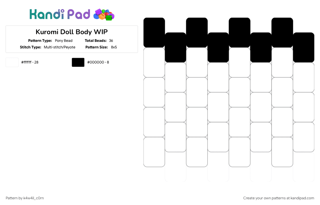 Kuromi Doll Body WIP - Pony Bead Pattern by k4w4il_c0rn on Kandi Pad - black, white