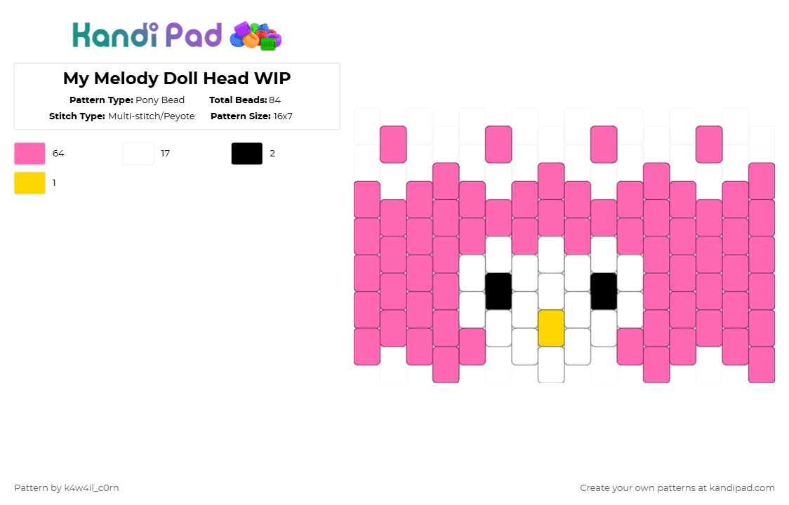 My Melody Doll Head WIP - Pony Bead Pattern by k4w4il_c0rn on Kandi Pad - pink