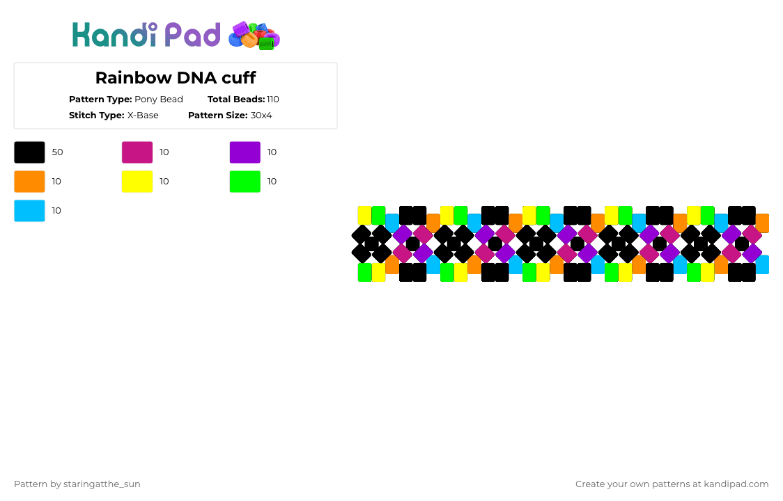 Rainbow DNA cuff - Pony Bead Pattern by staringatthe_sun on Kandi Pad - black,purple,yellow,light blue,colorful,dna,rainbow,pride,cute