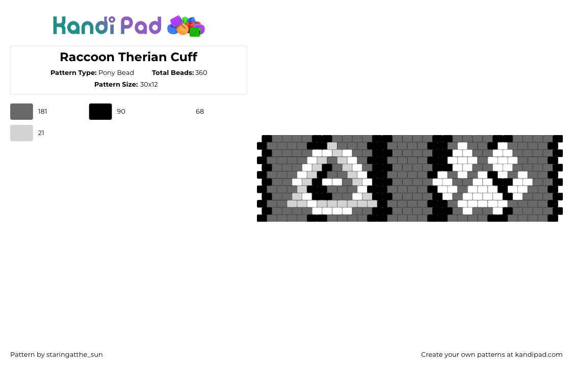 Raccoon Therian Cuff - Pony Bead Pattern by staringatthe_sun on Kandi Pad - gray,white,therian,raccoon,furry,animal,paw
