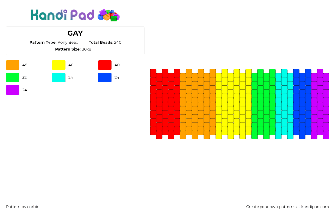 GAY - Pony Bead Pattern by corbin on Kandi Pad - rainbow,cuff,stripes