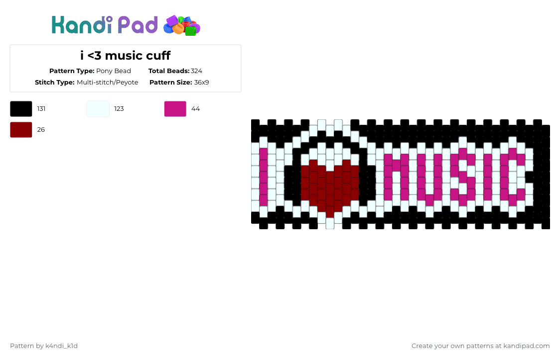 i - Pony Bead Pattern by k4ndi_k1d on Kandi Pad - music,cuff,i love music,text,letter,alphabet,white,pink,red