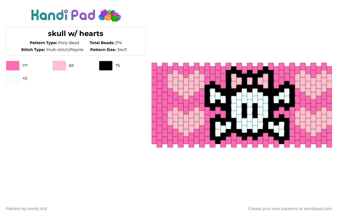 skull w/ hearts - Pony Bead Pattern by k4ndi_k1d on Kandi Pad - pink