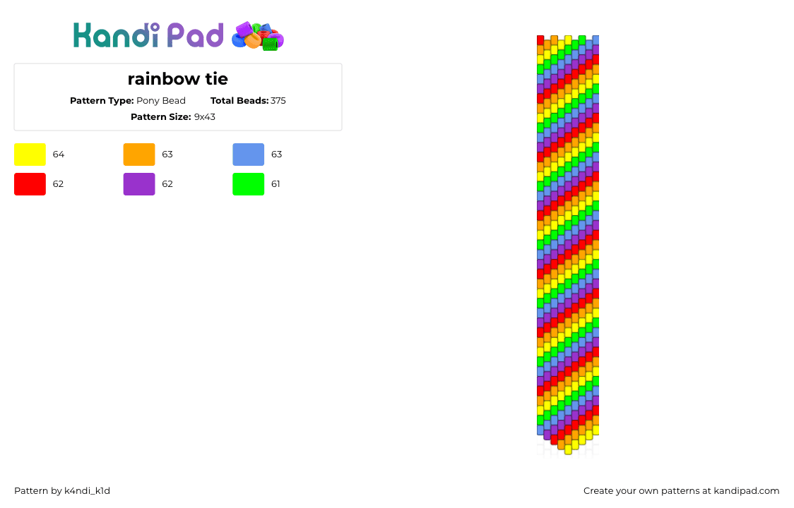 rainbow tie - Pony Bead Pattern by k4ndi_k1d on Kandi Pad - necktie,rainbow,diagonal,stripes,clothing,tie,colorful,orange,green,purple