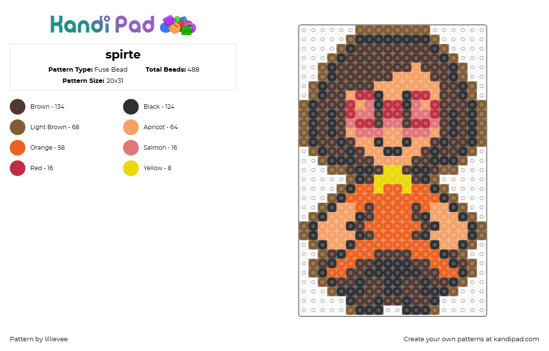 spirte - Fuse Bead Pattern by lillievee on Kandi Pad - character,charm,sprite,orange,brown