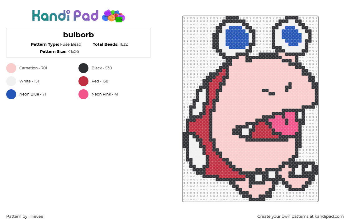 bulborb - Fuse Bead Pattern by lillievee on Kandi Pad - bulborb,pikmin,creature,monster,character,video game,pink,red