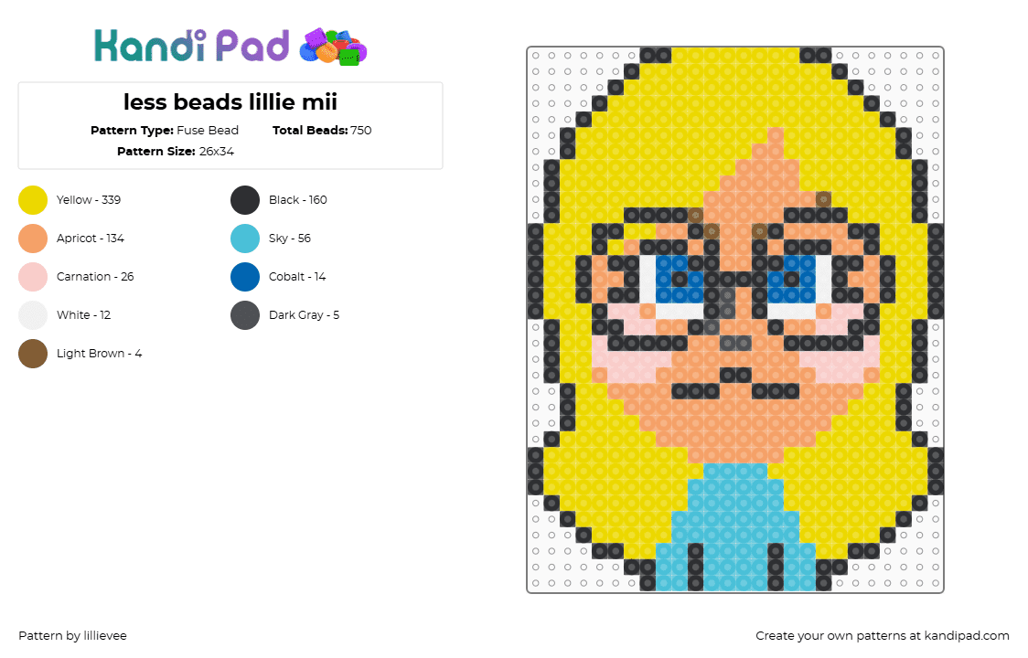 less beads lillie mii - Fuse Bead Pattern by lillievee on Kandi Pad - mii,nintendo,portrait,character,video game,glasses,blonde,yellow,tan,blue