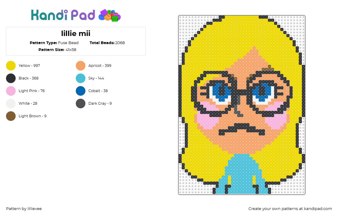 lillie mii - Fuse Bead Pattern by lillievee on Kandi Pad - mii,nintendo,portrait,character,video game,blonde,yellow,tan,blue