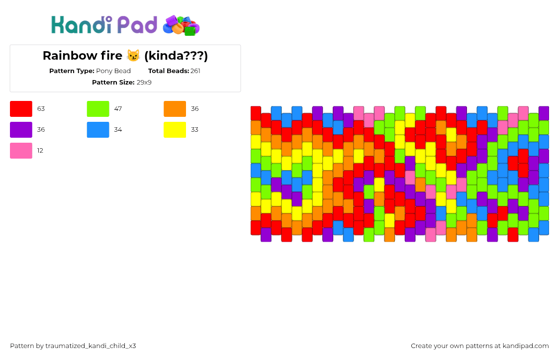 Rainbow fire 😼 (kinda???) - Pony Bead Pattern by traumatized_kandi_child_x3 on Kandi Pad - random,rainbow,colorful,swirls,heatmap,cuff,red,green