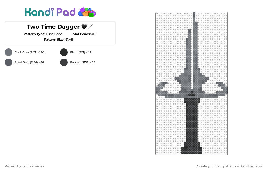 Two Time Dagger 🖤🗡️ - Fuse Bead Pattern by raymond_x0 on Kandi Pad - black,gray