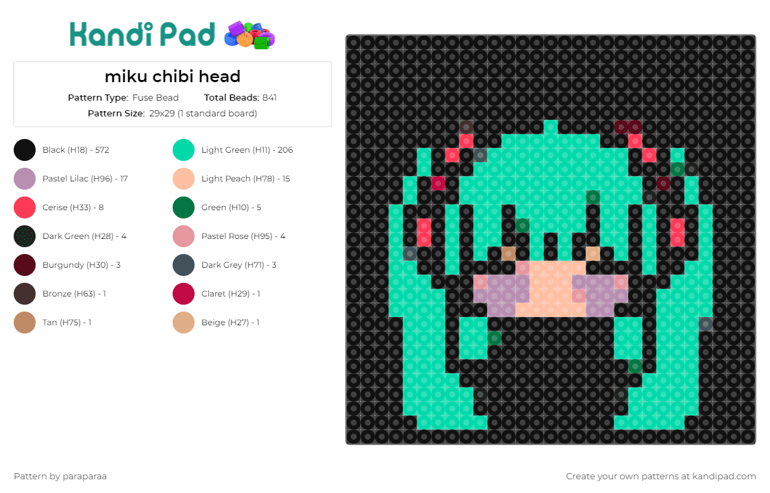 miku chibi head - Fuse Bead Pattern by paraparaa on Kandi Pad - hatsune miku,vocaloid,chibi,minimal,character,music,digital,teal,green,black