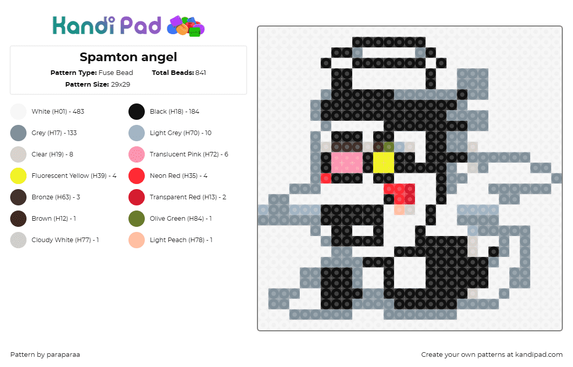 Spamton angel - Fuse Bead Pattern by paraparaa on Kandi Pad - spamton,deltarune,puppet,video game,character,black,white