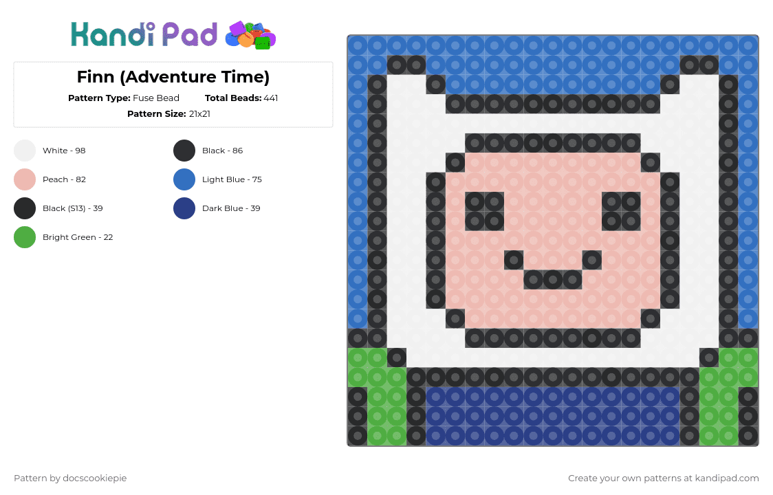 Finn (Adventure Time) - Fuse Bead Pattern by docscookiepie on Kandi Pad - blue,beige