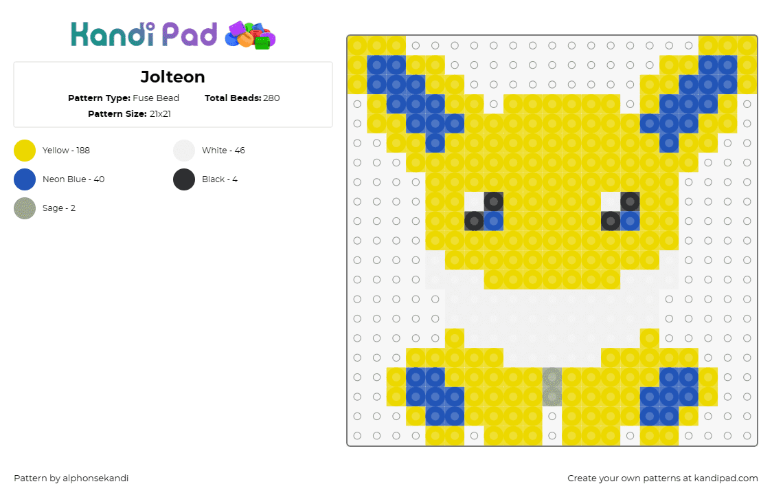 Jolteon - Fuse Bead Pattern by alphonsekandi on Kandi Pad - jolteon,eevee,pokemon,chibi,cute,yellow