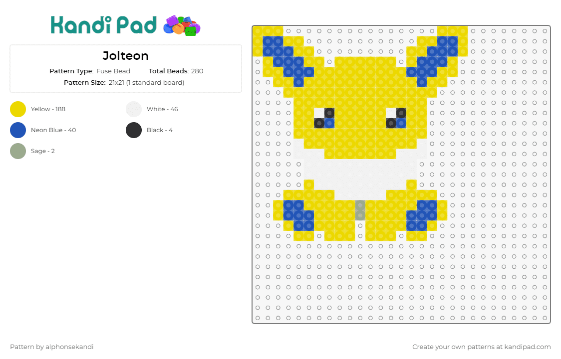 Jolteon - Fuse Bead Pattern by alphonsekandi on Kandi Pad - jolteon,eevee,pokemon,chibi,cute,yellow