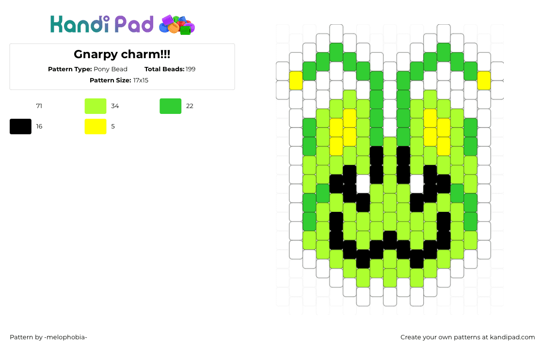 Gnarpy charm!!! - Pony Bead Pattern by -melophobia- on Kandi Pad - green,charm,gnarpy,regretevator,cute,alien,cat,alien cat