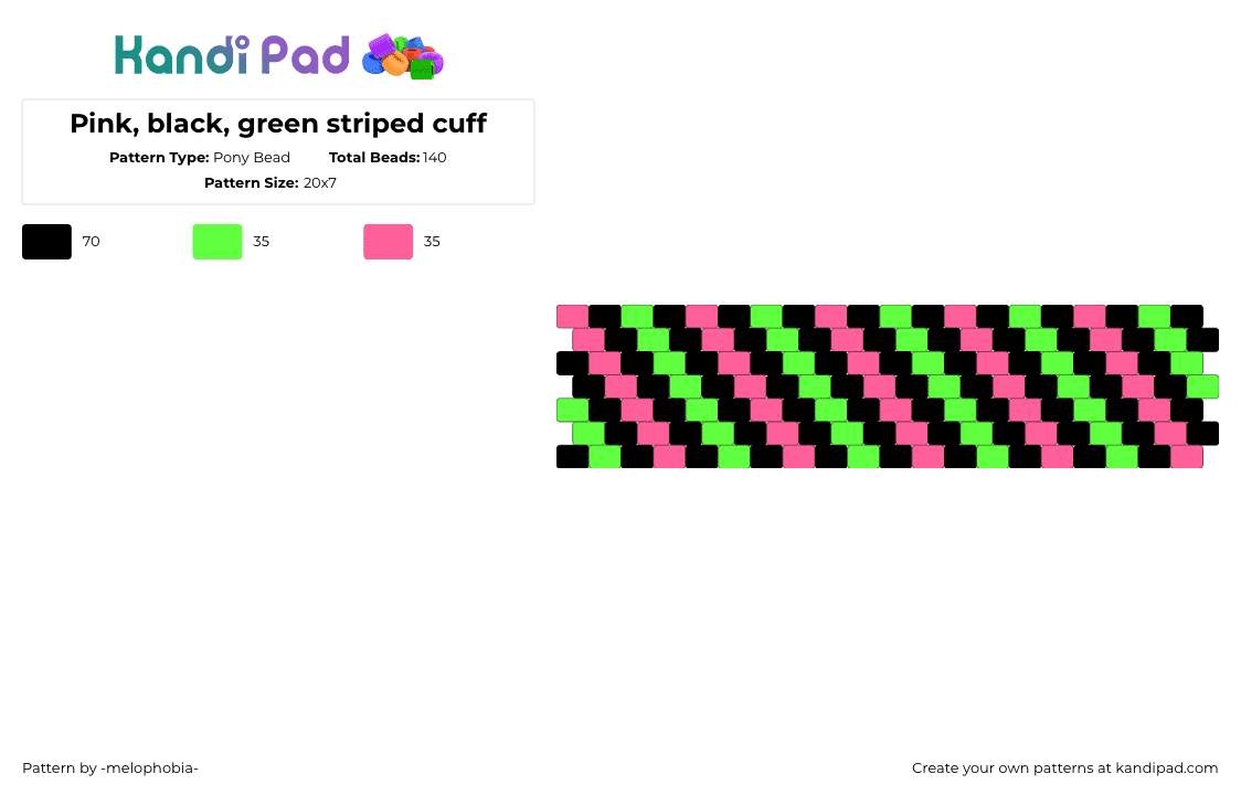 Pink, black, green striped cuff - Pony Bead Pattern by -melophobia- on Kandi Pad - green,pink,cuff,stripe,cute,scene,aesthetic