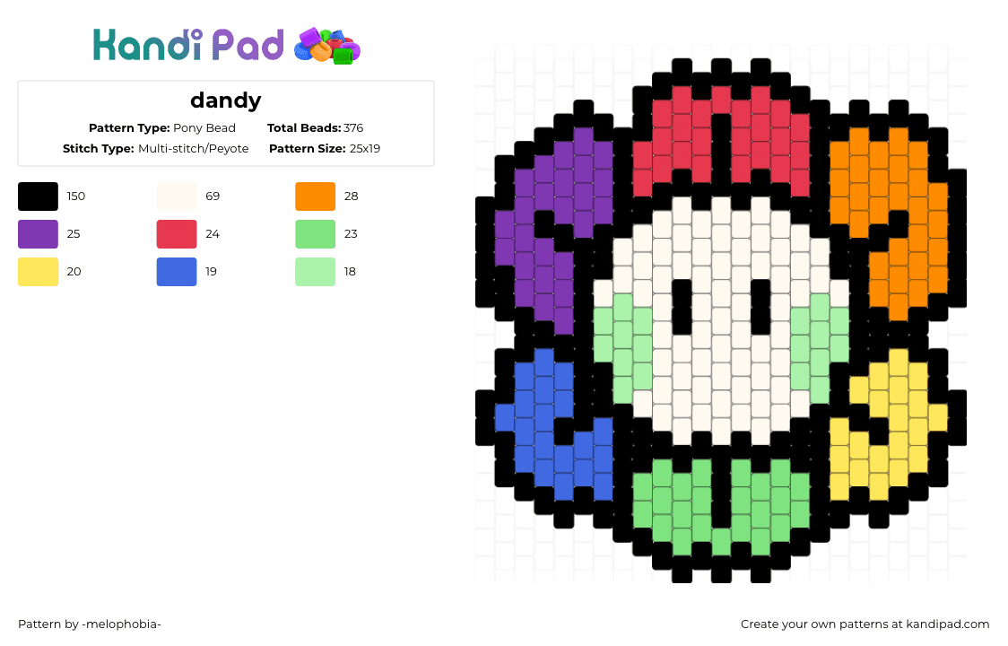 dandy - Pony Bead Pattern by -melophobia- on Kandi Pad - teal,red,orange,purple,dandys world,game,dandy,flower,charm,skibidi
