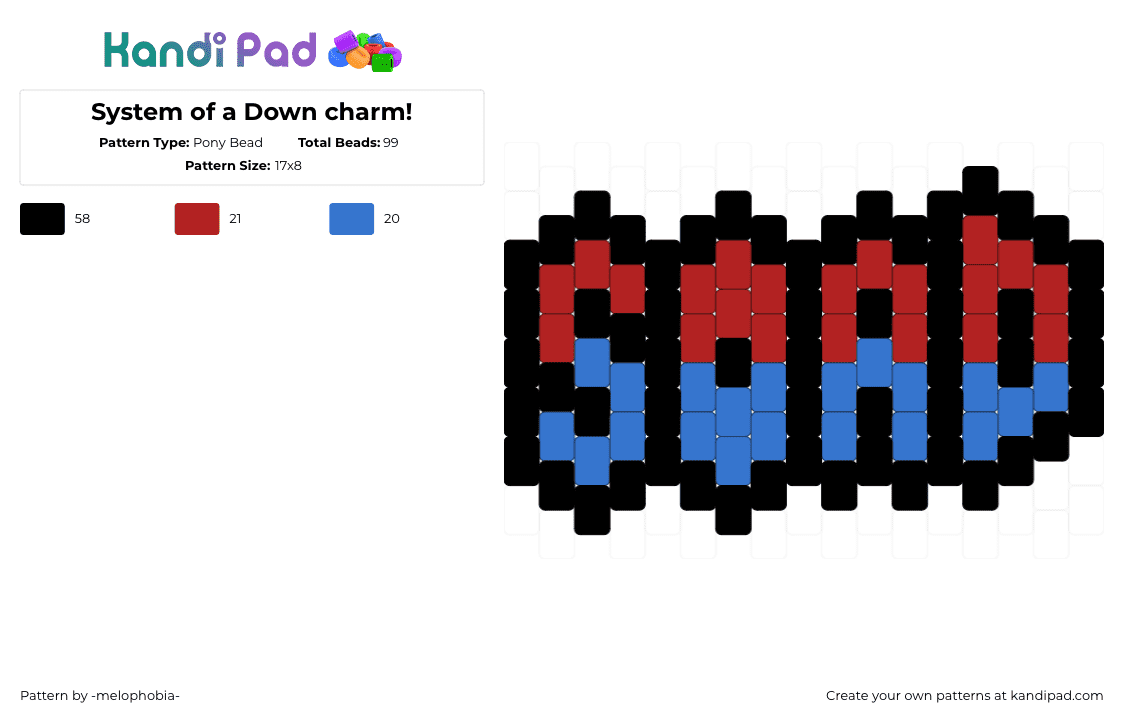 System of a Down charm! - Pony Bead Pattern by -melophobia- on Kandi Pad - soad,system of a down,band,metal,music,charm,text,red,blue