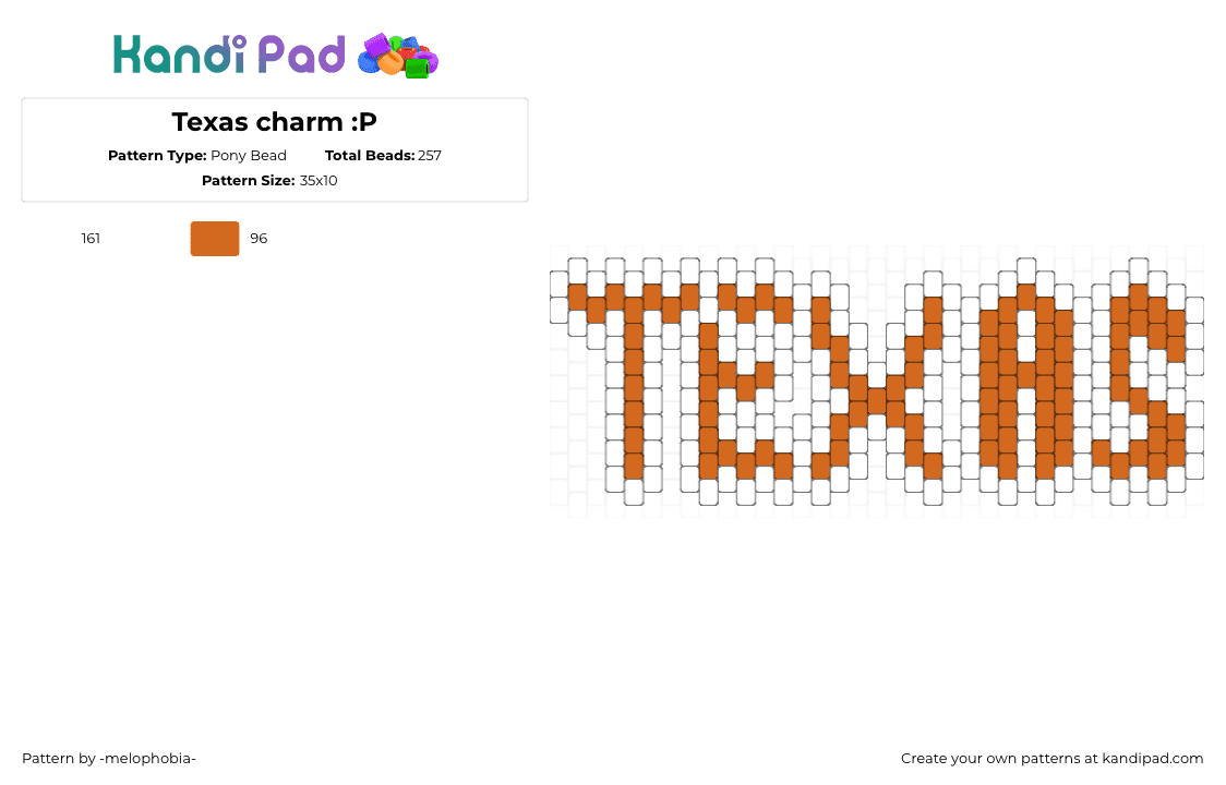 Texas charm :P - Pony Bead Pattern by -melophobia- on Kandi Pad - charm, orange, texas, text, white
