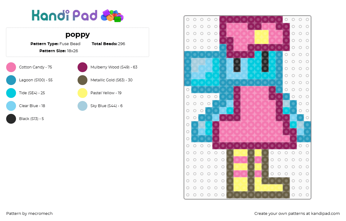 poppy - Fuse Bead Pattern by mecromech on Kandi Pad - poppy,dandys world,character,video game,pink,blue,yellow