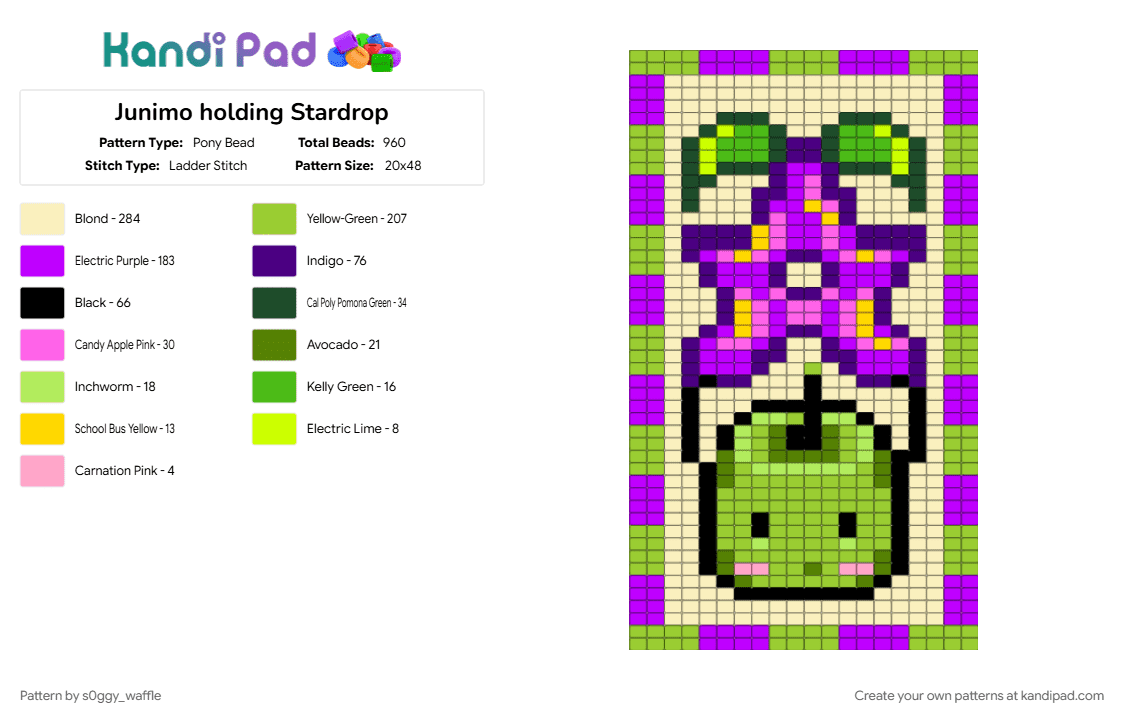 Junimo holding Stardrop - Pony Bead Pattern by s0ggy_waffle on Kandi Pad - banner, green, junimo, purple, stardew, stardew valley, stardrop, tapestry, yellow