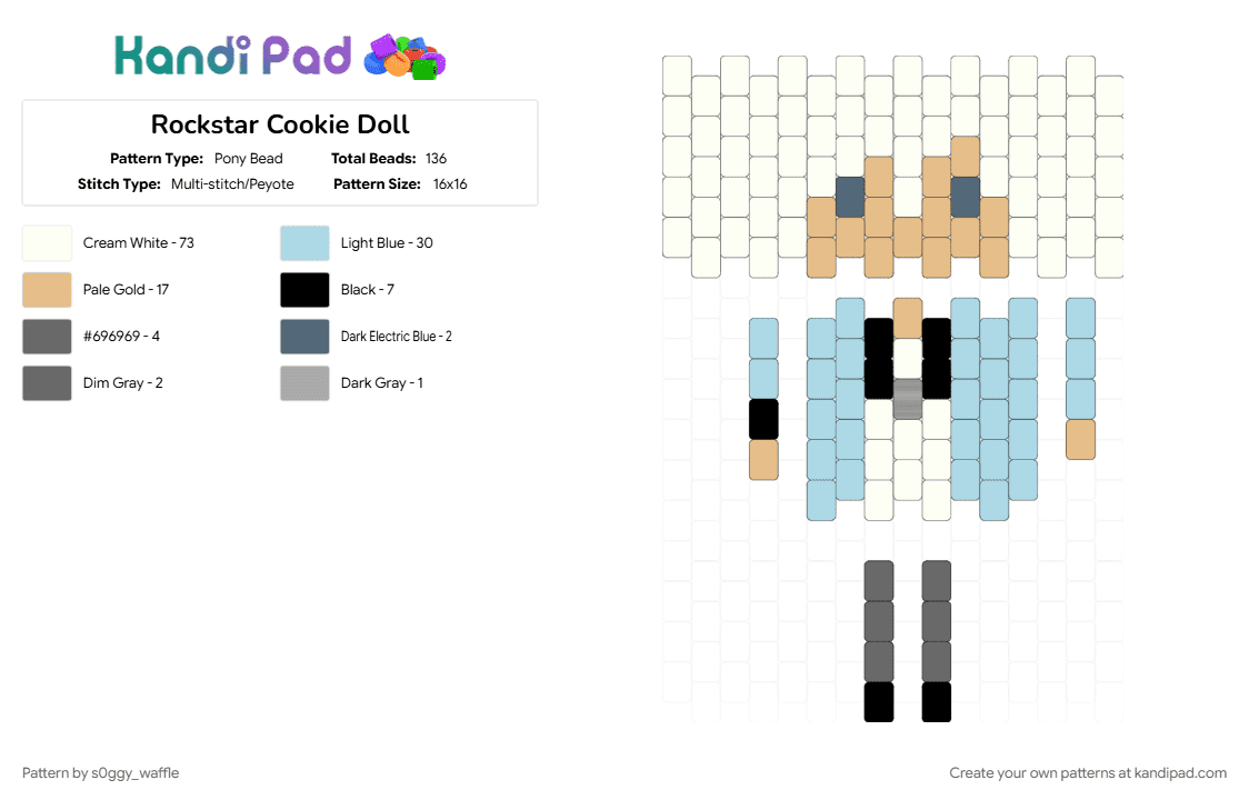 Rockstar Cookie Doll - Pony Bead Pattern by s0ggy_waffle on Kandi Pad - beige, character, cookie run, cookie run kingdom, crk, doll, light blue, rockstar, rockstar cookie, video game, white