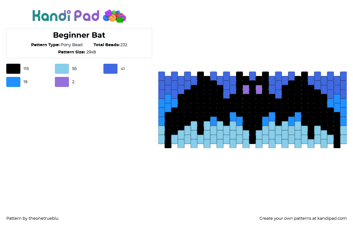 Beginner Bat - Pony Bead Pattern by theonetrueblu on Kandi Pad - bat,winged,spooky,halloween,cuff,black,blue,light blue