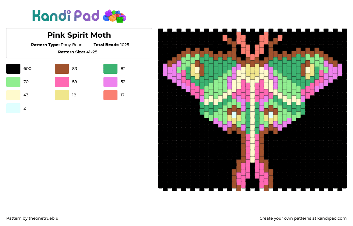 Pink Spirit Moth - Pony Bead Pattern by theonetrueblu on Kandi Pad - moth,insect,winged,panel,black,pink,green