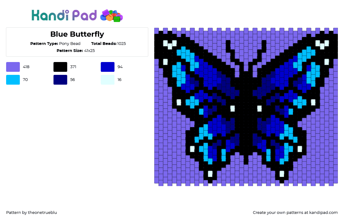 Blue Butterfly - Pony Bead Pattern by theonetrueblu on Kandi Pad - butterfly,insect,winged,panel,purple,blue