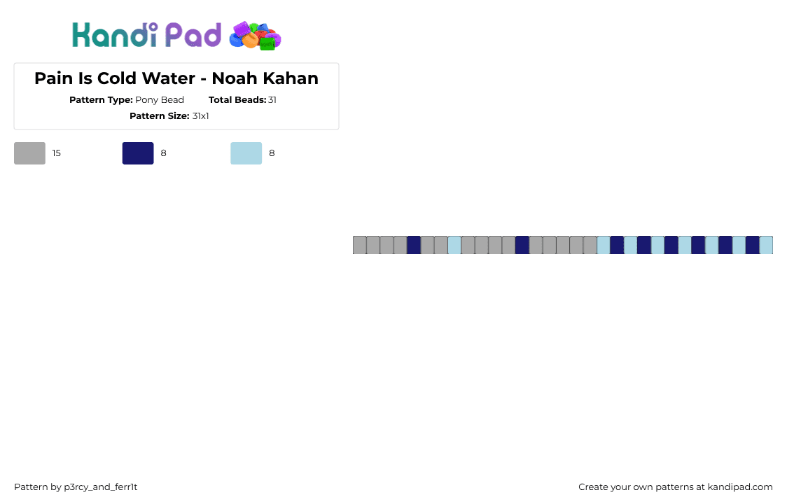 Pain Is Cold Water - Noah Kahan - Pony Bead Pattern by p3rcy_and_ferr1t on Kandi Pad - pain is cold water,noah kahan,song,single,music,bracelet,gray,blue