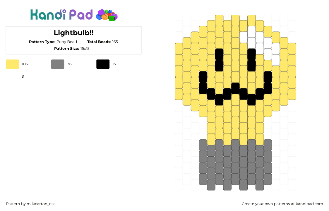 Lightbulb!! - Pony Bead Pattern by milkcarton_osc on Kandi Pad - lightbulb,inanimate insanity,smile,character,animation,tv show,yellow,gray